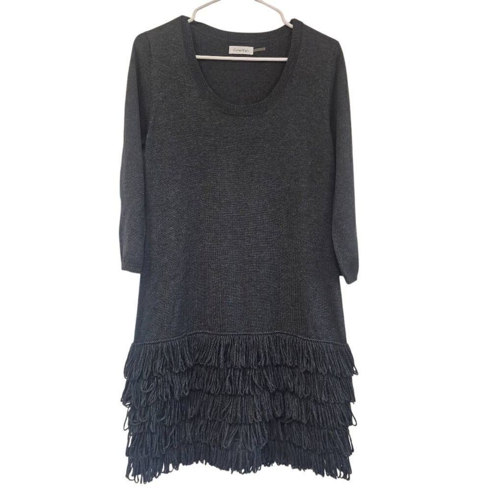 Calvin Klein Women's Heather Black Acrylic/Poly Scoop Neck 3/4 Sleeves Looped Fr - Picture 8 of 11